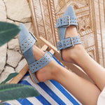 Point-Toe Mules with 2 Buckle Straps Denim