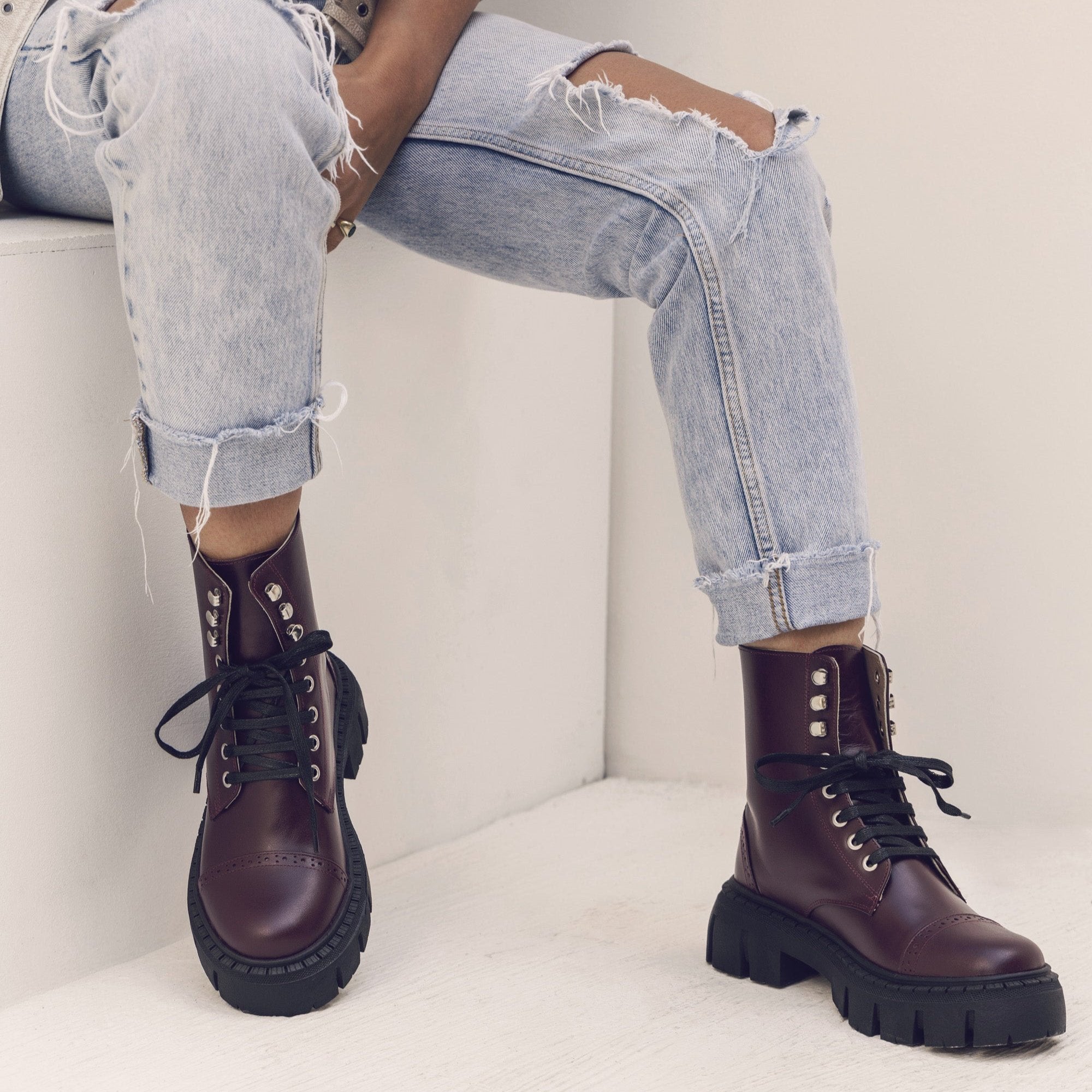 Chunky Combat Boots in Burgundy